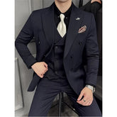 Set: Lapel Collar Pinstriped Double Breasted Blazer + V-Neck Vest + High Waist Dress Pants