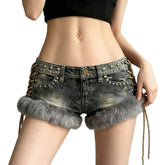 Low Rise Studded Denim Hot Pants