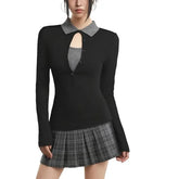Long Sleeve Collared Two Tone Mock Two Piece Keyhole Top / Mid Waist Plaid Pleated Mini A-Line Skirt