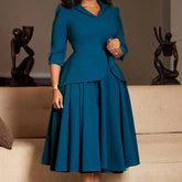 Mock Two-Piece 3/4-Sleeve Lapel Collar Plain Midi A-Line Blazer Dress