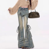 Mid Waist Washed Frayed Skirt Overlay Bell Bottom Jeans