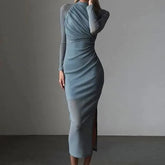 Long-Sleeve Mock Neck Glitter Ruched Midi Sheath Dress
