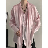 Long-Sleeve Scarf Neck Button-Up Plain Shirt