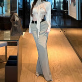 Long Sleeve Stand Collar Plain Tie-Up Crop Blouse / High Waist Plain Maxi Pencil Skirt / Belt / Set