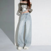 Mid Rise Rhinestone Washed Wide Leg Jeans (Various Designs)