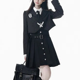 Notch Lapel Striped Button-Up Crop Blazer / Long-Sleeve Collared Plain Lace Trim Blouse / High Waist Pleated Mini A-Line Jumper Skirt / Badge / Necktie / Set