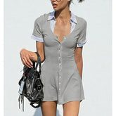 Short Sleeve Scoop Neck Striped Panel Button-Up Slim-Fit MIni Dress