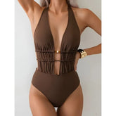 Halter Neck Deep Plunge Plain Open Back Swimsuit