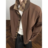 Mock Two-Piece Collared Plaid Panel Zip-Up Jacket