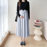 Maternity Long-Sleeve Two Tone Midi A-Line Dress