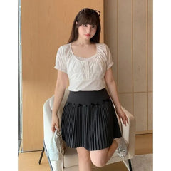 Puff Sleeve Square-Neck Plain Ruffled-Trim Blouse