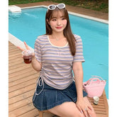 Short Sleeve Round Neck Striped Side-Drawstring Crop T-Shirt