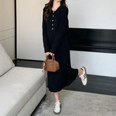 Maternity Long-Sleeve Collared Half-Buttoned Plain Midi Shift Knit Dress