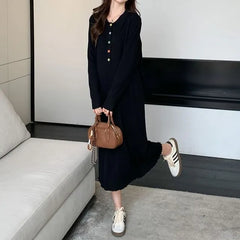 Maternity Long-Sleeve Collared Half-Buttoned Plain Midi Shift Knit Dress