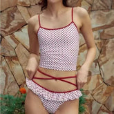 Polka Dot Contrast Trim Bikini Top / Tankini Top / Ruffle Trim Bottom / Crew Neck Button-Up Cover Up Jacket / Set