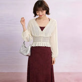 Long-Sleeve V-Neck Lace Panel Button-Up Sheer Crop Blouse