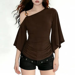 3/4-Sleeve Cold Shoulder Plain Ruched Slim Fit T-Shirt