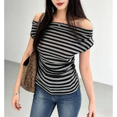 Short Sleeve Off Shoulder Striped Slim-Fit T-Shirt