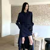 Long Sleeve Collared Pinstriped Shirt / Necktie / Low Rise High-Low Mini Pencil Skirt / Set