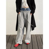 Elastic Waist Denim Panel Loose-Fit Wide-Leg Sweatpants