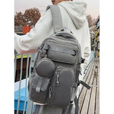 Set: Plain Multi-Pocket Fabric Backpack + Coin Purse
