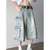 Mid Waist Washed Wide Leg Cargo Jorts