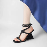 Wedge Heel Square Toe Ankle Strap Rhinestone Sandals