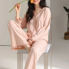 Pajama Set: Long-Sleeve Frill Trim Plain Top + Pants