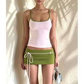 Scoop Neck Contrast-Trim Slim-FIt Camisole Top / Low Waist Tie-Waist Mini Pencil Skirt