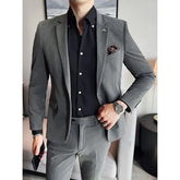 Set: Lapel Collar Plain Blazer + Tapered Dress Pants