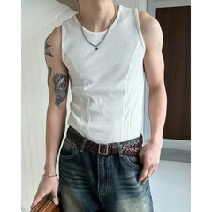 Round Neck Plain Ribbed Panel Tank Top