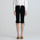 Mid Rise Plain Ruffle Drawstring Skinny Pedal Pusher Pants