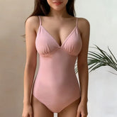 Spaghetti Strap V-Neck Plain Swimsuit