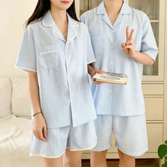 Couple Matching Pajama Set: Elbow-Sleeve Lapel Collar Striped Button-Up Top + Shorts (Various Designs)