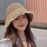 Lace Trim Straw Bucket Hat