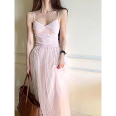 Spaghetti Strap V-Neck Lace Trim Chiffon Panel Long Dress