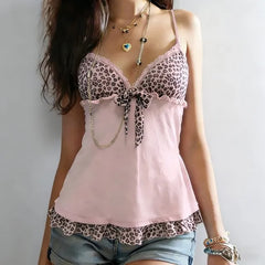 V-Neck Lace-Trim Leopard Panel Ruffled Slim-Fit Camisole Top
