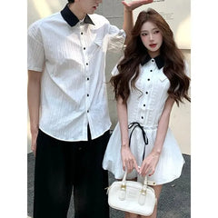 Couple Matching Short-Sleeve Striped Shirt / Mini A-Line Shirt Dress / Set