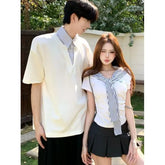 Couple Matching Mock Two-Piece Short-Sleeve Striped Collar Top