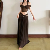 Halter Neck Off-Shoulder Plain Sheer Panel Crop Top / Low Rise Cutout Maxi A-Line Skirt