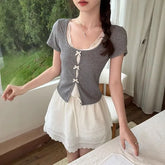 Mock Two-Piece Short-Sleeve Scoop Neck Lace Panel Slit Crop Top / High Waist Layered Mini A-Line Skirt
