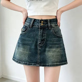 High Waist Washed Denim Mini A-Line Skort