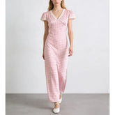 Cap Sleeve V-Neck Lace-Trim Polka Dot Maxi Pencil Dress