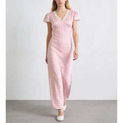 Cap Sleeve V-Neck Lace-Trim Polka Dot Maxi Pencil Dress