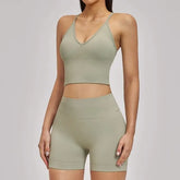 Set: Spaghetti Strap Plain Sports Bra + High Waist Yoga Shorts