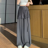 High Waist Plain Pleated Skirt Overlay Panel Lace Wide Leg Pants