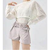 Sleeveless Plain Leotard / Elbow-Sleeve Cutout Leotard / High Waist Ruffle Dance Shorts / Long-Sleeve Drop-Shoulder Crop Top / Set