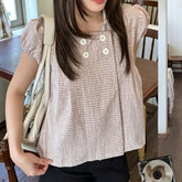 Short-Sleeve Square Neck Double Breasted Plaid Crop Blouse