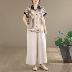 Short-Sleeve Shadow Stripe Shirt / High Waist Wide Leg Pants / Set