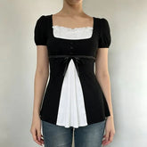 Short Sleeve Square-Neck Color-Block Ruffled-Trim A-Line Top